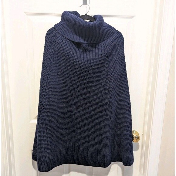 LAUREN RALPH LAUREN Waffle Knit Cowl Neck Poncho Sweater Navy Blue Wool Blend - Picture 6 of 7
